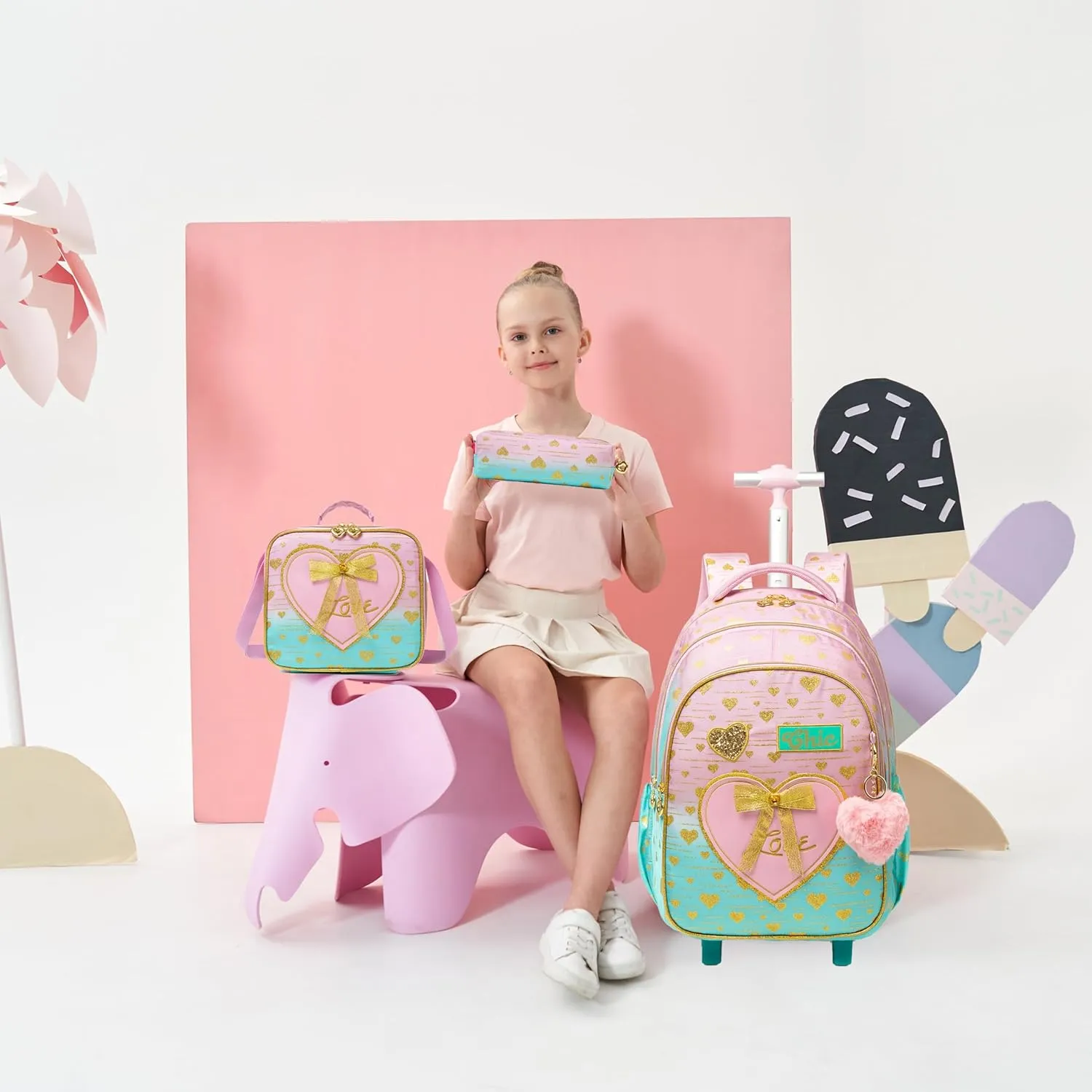 Rolling Backpack for Girls Backpack with Wheels Wheeled School Backpack for Girls with Lunch Box Set Kids Suitcase for Elementary 3 in 1 Kids Luggage with Wheels Back to School Supplies