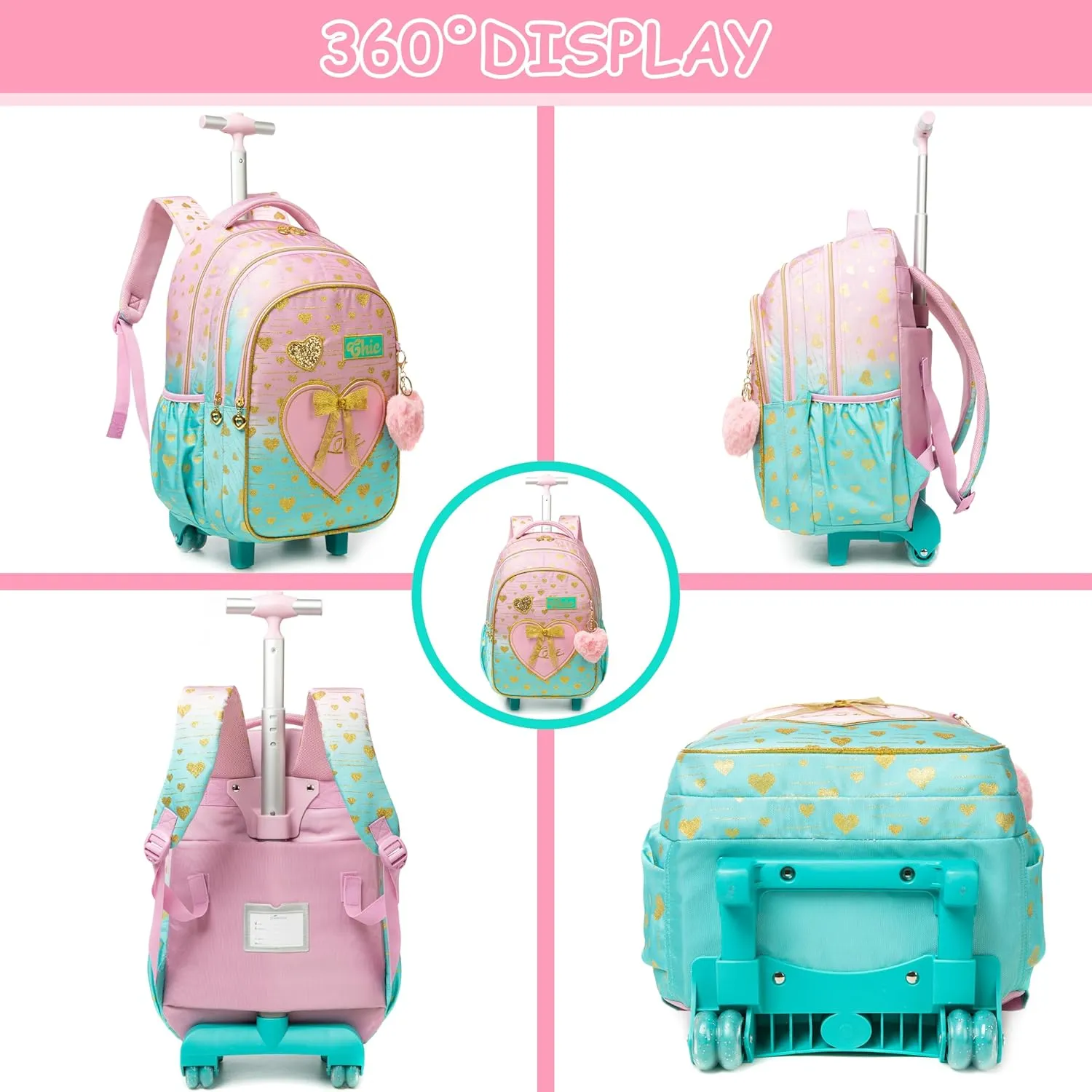 Rolling Backpack for Girls Backpack with Wheels Wheeled School Backpack for Girls with Lunch Box Set Kids Suitcase for Elementary 3 in 1 Kids Luggage with Wheels Back to School Supplies