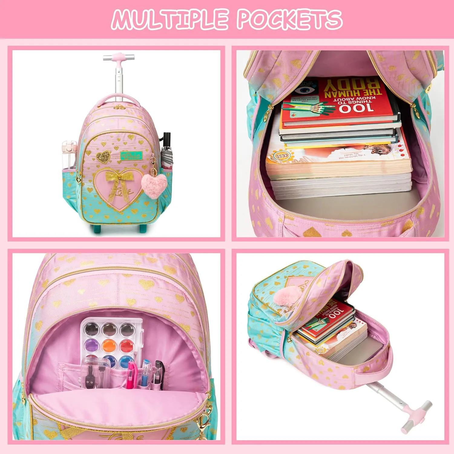 Rolling Backpack for Girls Backpack with Wheels Wheeled School Backpack for Girls with Lunch Box Set Kids Suitcase for Elementary 3 in 1 Kids Luggage with Wheels Back to School Supplies