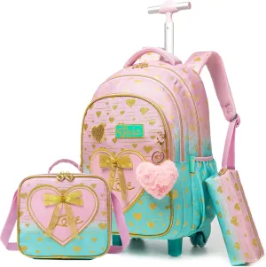 Rolling Backpack for Girls Backpack with Wheels Wheeled School Backpack for Girls with Lunch Box Set Kids Suitcase for Elementary 3 in 1 Kids Luggage with Wheels Back to School Supplies