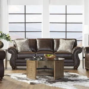 Roundhill Furniture Leinster Faux Leather Sofa with Antique Bronze Nailheads in Espresso