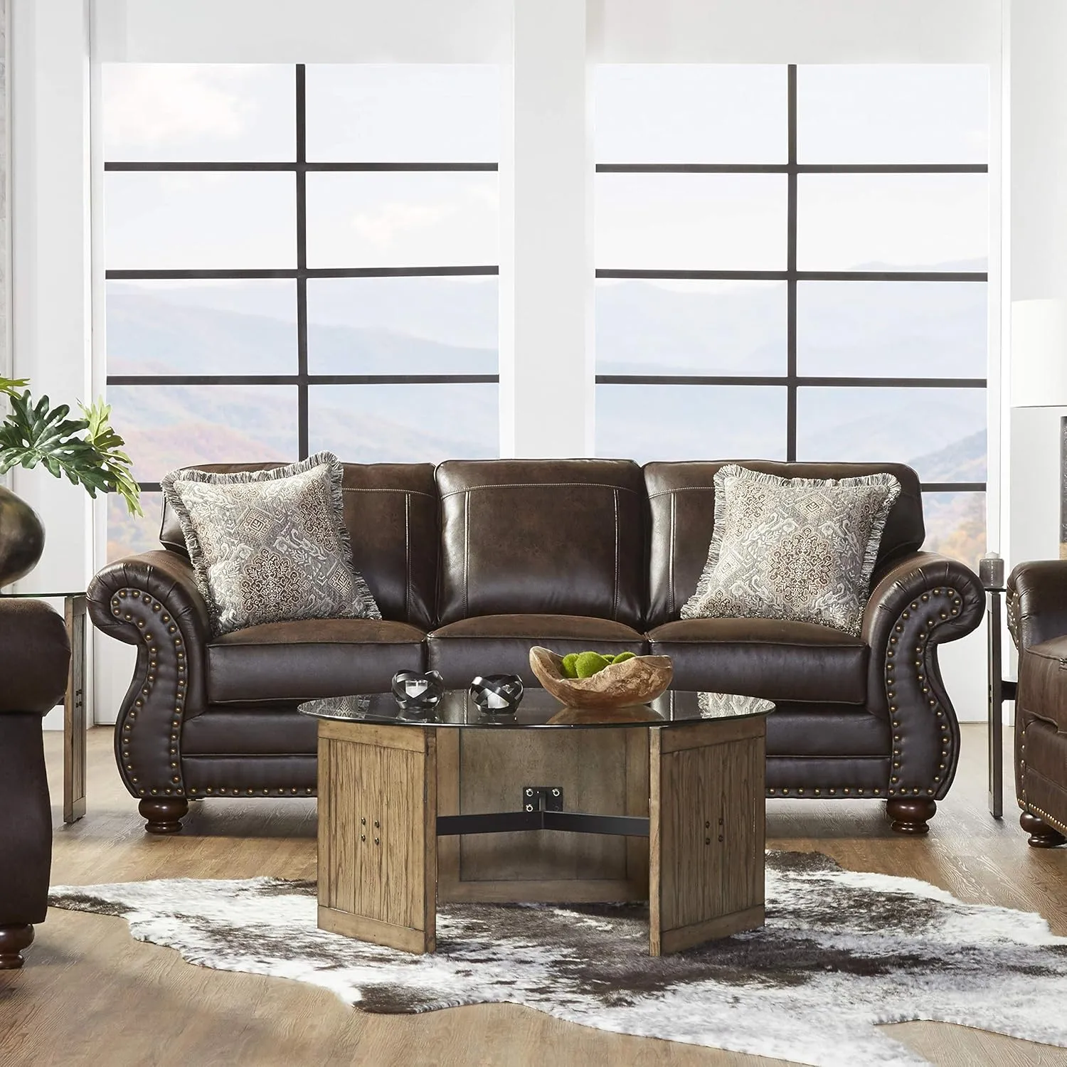 Roundhill Furniture Leinster Faux Leather Sofa with Antique Bronze Nailheads in Espresso
