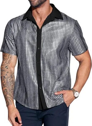 Runcati Mens Disco Shirt 70s Shirts Short Sleeve Button Down Vintage Sequin Metallic Disco Outfits Party Costume Top