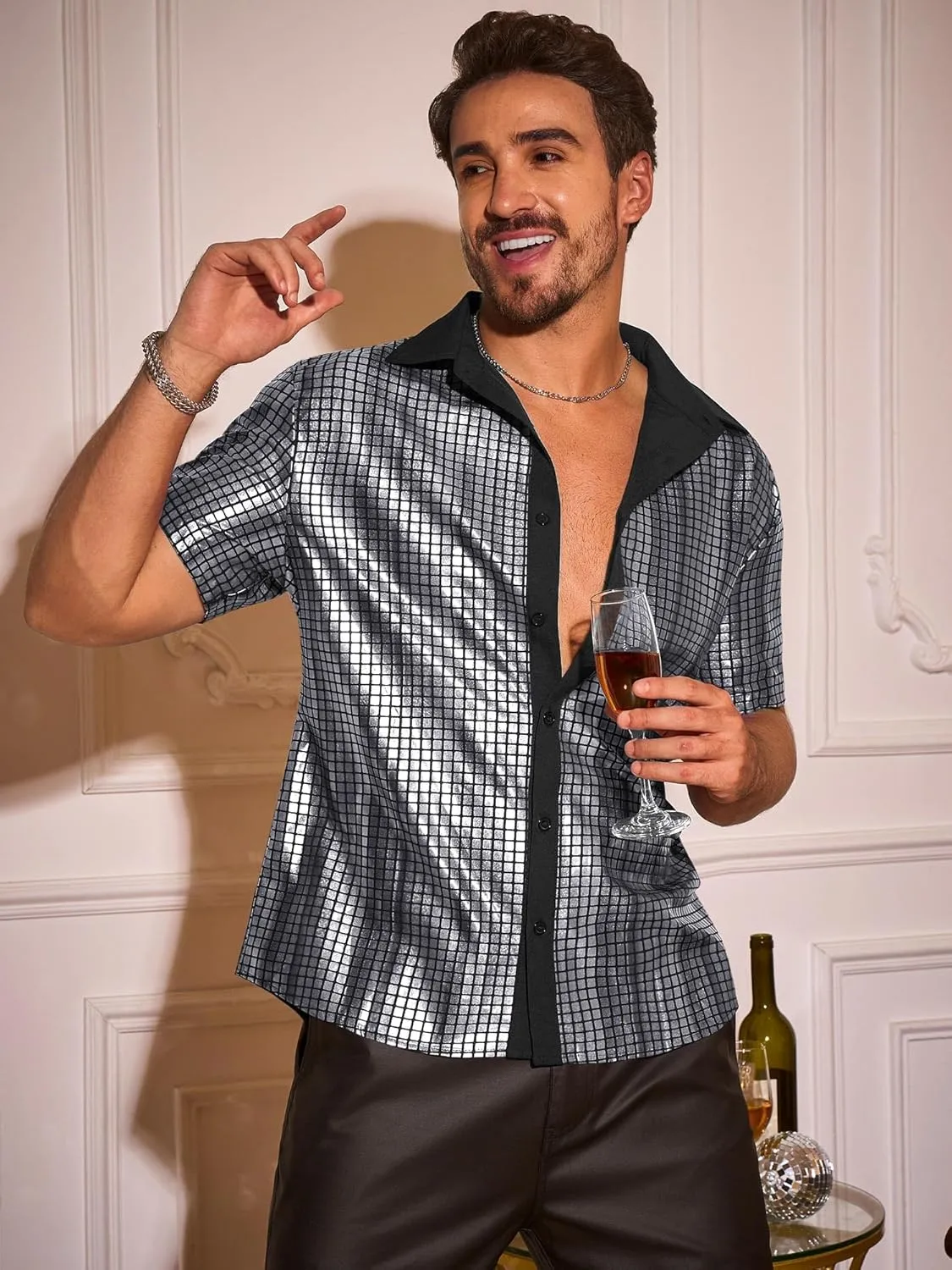 Runcati Mens Disco Shirt 70s Shirts Short Sleeve Button Down Vintage Sequin Metallic Disco Outfits Party Costume Top
