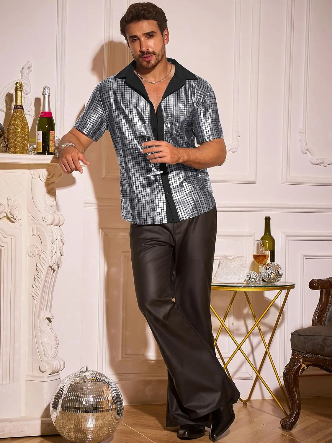 Runcati Mens Disco Shirt 70s Shirts Short Sleeve Button Down Vintage Sequin Metallic Disco Outfits Party Costume Top