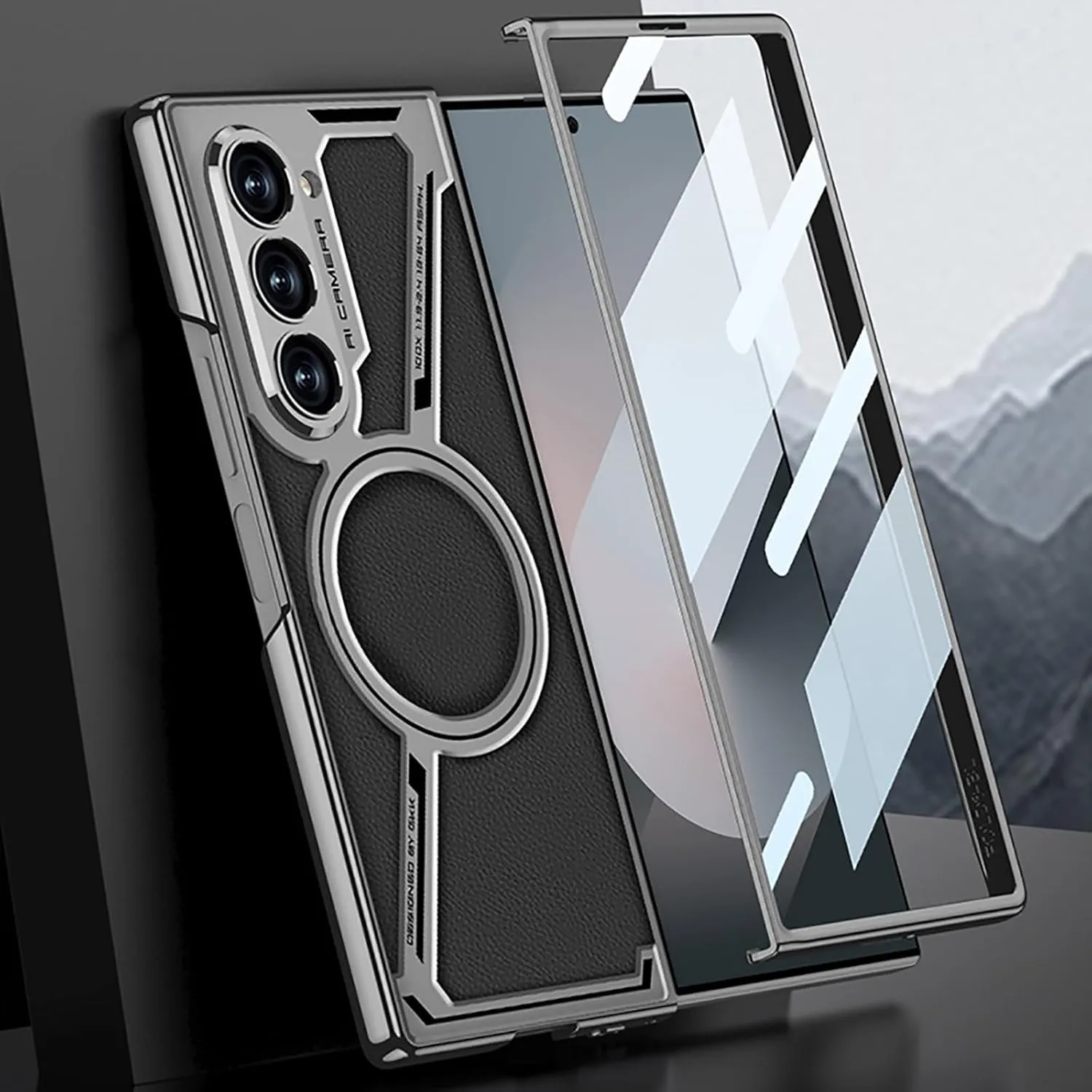 Samsung Galaxy Z Fold6 GKK Z Leather Shockproof Case with Glass - Grey