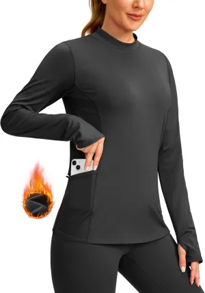 SANTINY Long Sleeve Thermal Shirts for Women Fleece Mock Neck Tops Winter Workout Running Gear with Zipper Pockets
