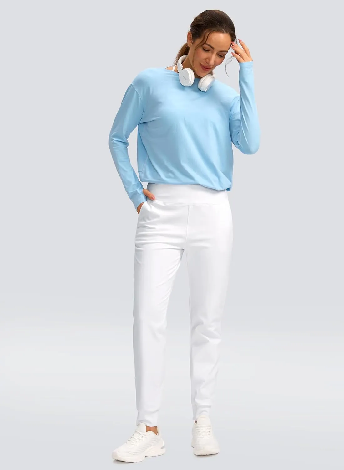 SANTINY Women's Fleece Lined Joggers Water Resistant High Waisted Thermal Sweatpants Winter Pants Hiking Running Pockets