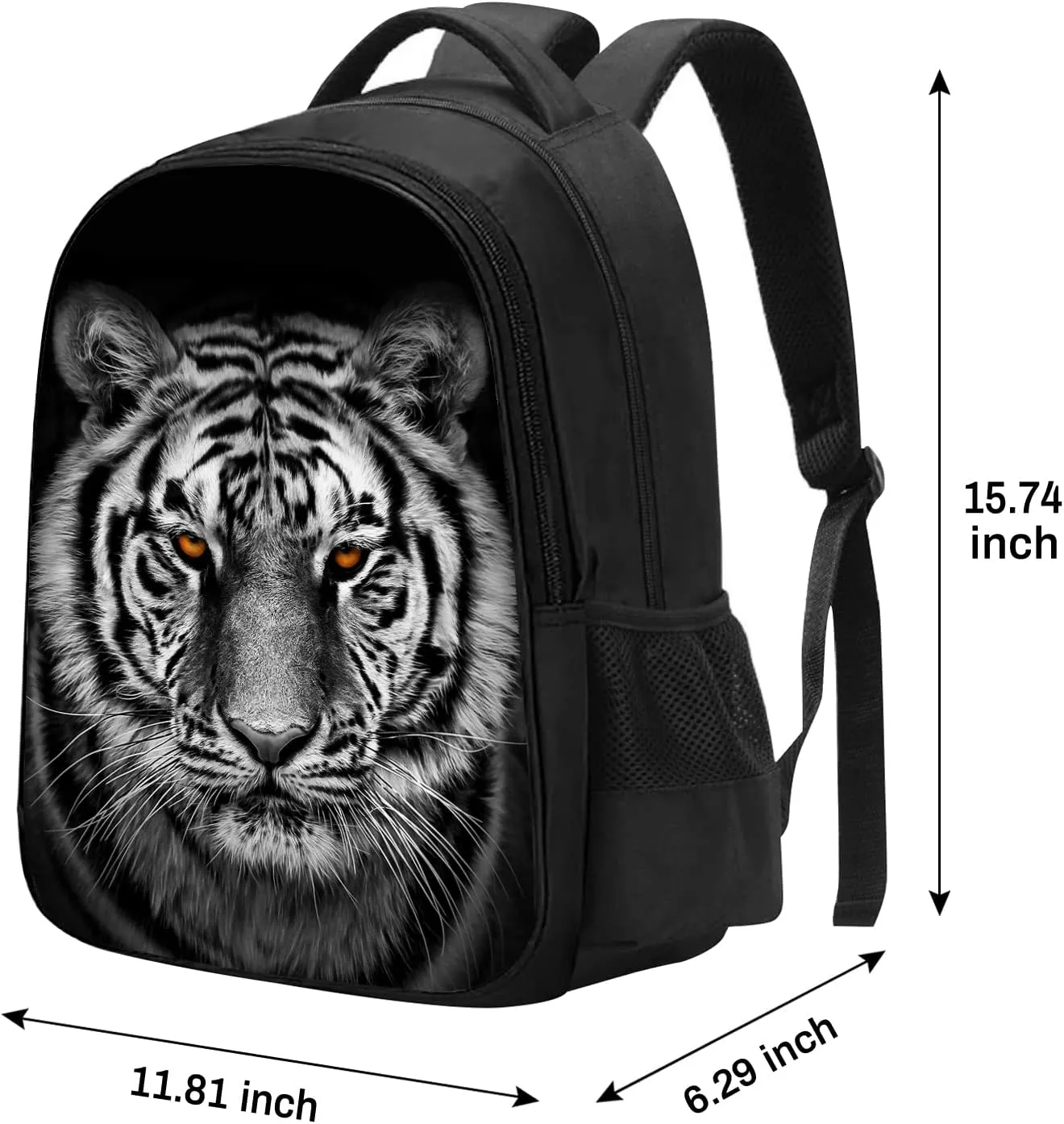 SARA NELL Cool White Tiger School Backpack for Boys Girls, Durable Bookbag with 2 Main Compartment, Side Pockets, Kindergarten Elementary Backpack, 15.7 Inches