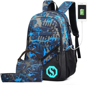 School Backpack for Boys, 14 Inch Laptop Backpack with USB Charging Port, Anti-theft Lock, Lunch Bag & Pencil Case, Lightweight Water Resistant Bookbag Daypack