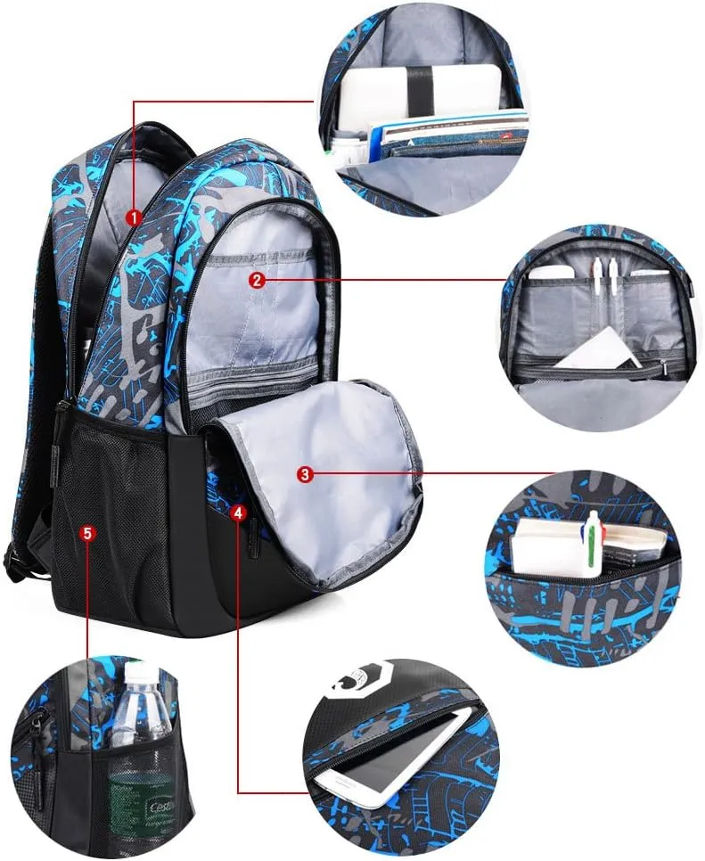 School Backpack for Boys, 14 Inch Laptop Backpack with USB Charging Port, Anti-theft Lock, Lunch Bag & Pencil Case, Lightweight Water Resistant Bookbag Daypack