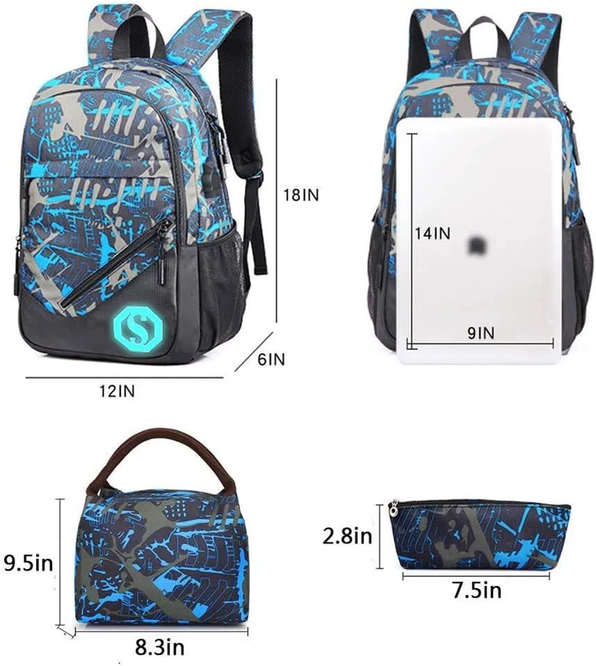 School Backpack for Boys, 14 Inch Laptop Backpack with USB Charging Port, Anti-theft Lock, Lunch Bag & Pencil Case, Lightweight Water Resistant Bookbag Daypack