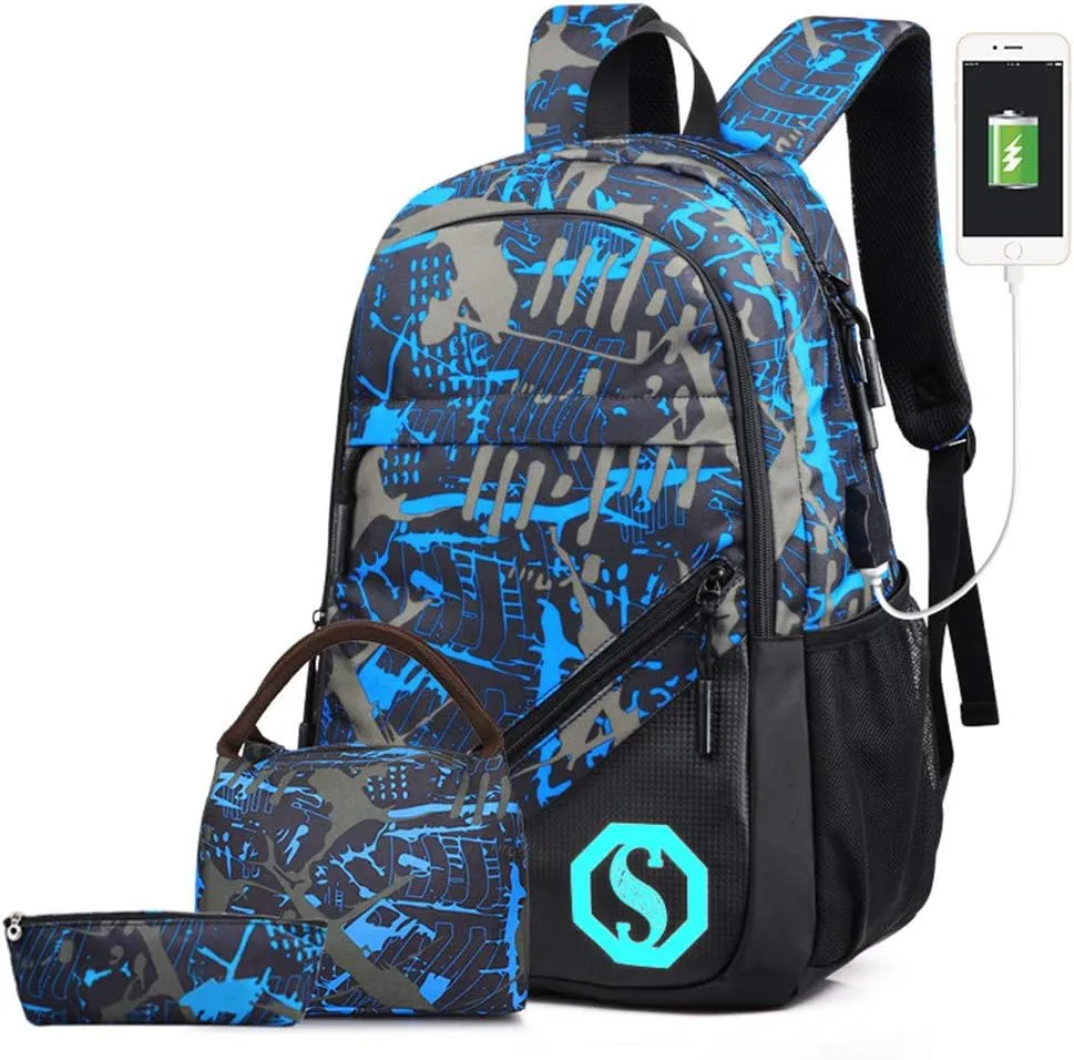 School Backpack for Boys, 14 Inch Laptop Backpack with USB Charging Port, Anti-theft Lock, Lunch Bag & Pencil Case, Lightweight Water Resistant Bookbag Daypack