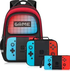 School Backpack for Boys - 3pcs Gamer Boys Backpack with Lunch Box and Pencil Case for Kids Children Teens Elementary Middle School - HFHTDC Video Game Bookbag 17″ Large Capacity