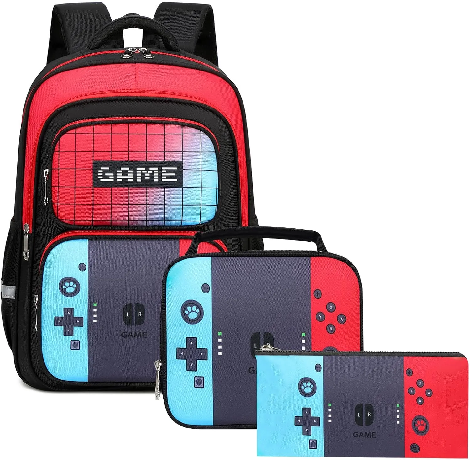 School Backpack For Boys Backpack with Lunch Box Teen Boys Backpack Set Game Boys Backpack for Kids Junior High School Primary School Boys Backpack(Red&blue-set), Large
