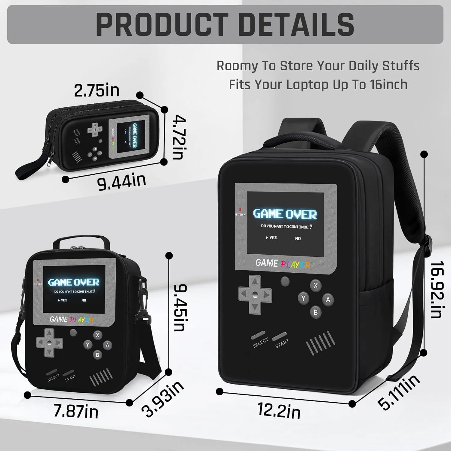 School Backpack for Boys,3pcs Gamer Boys Backpack with Lunch Box Set for Kids Children Teens Elementary Middle School,17" Large Capacity Student Bookbag & Multifunctional Video Game Travel Bag