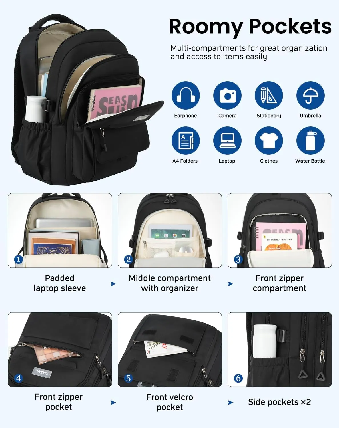 School Backpack for Teen Girls, Aesthetic Bookbag for College Middle High School, Women Students Laptop Backpack Mochilas Escolares, Black