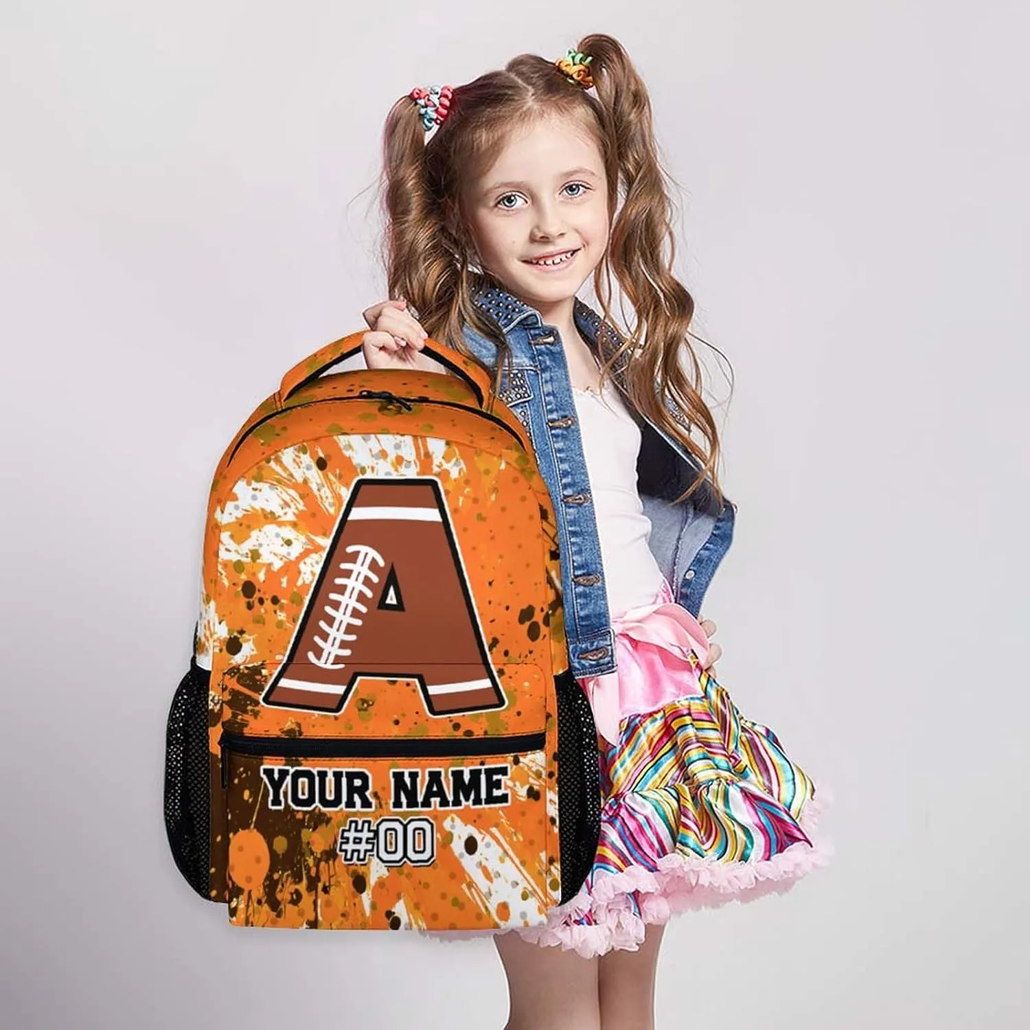 School Backpacks for Kids, Custom Football Backpack for Boys Girls, Personalized Name Pink Bookbag for Students Children, 17 Inch School Bag with Shoulder for Primary Middle School