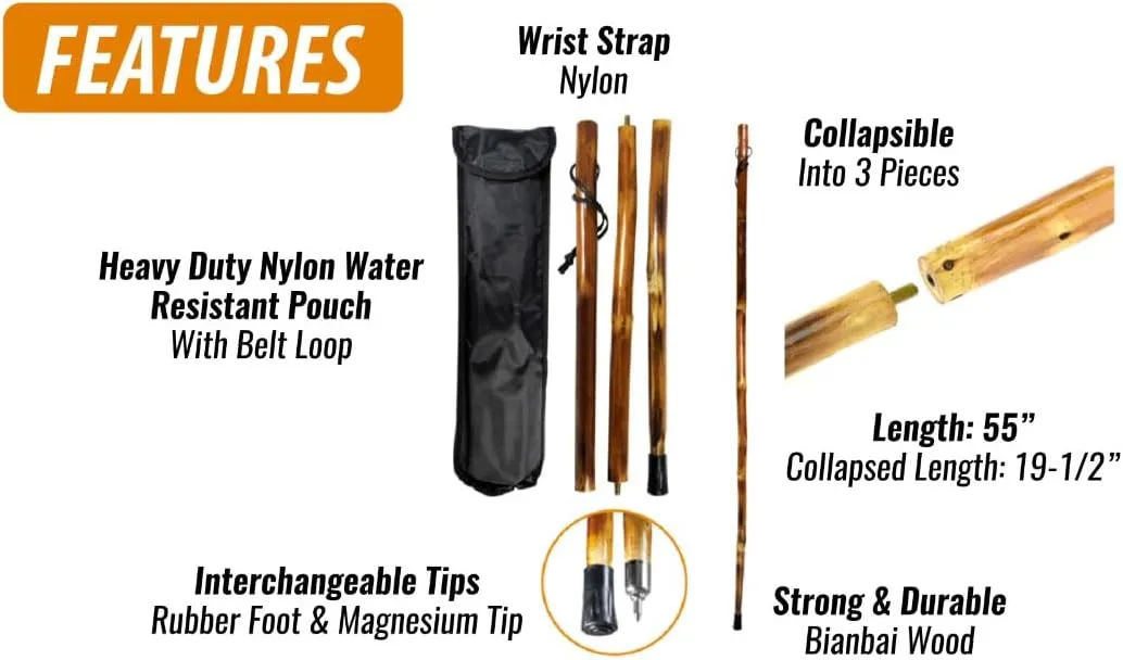 SE 3 Piece 55" Detachable Pine Wood Walking/Hiking Stick with Metal Tip, Reinforced Rubber Tip, and Water-Resistant Travel Pouch - Portable and Durable for Outdoor Adventures
