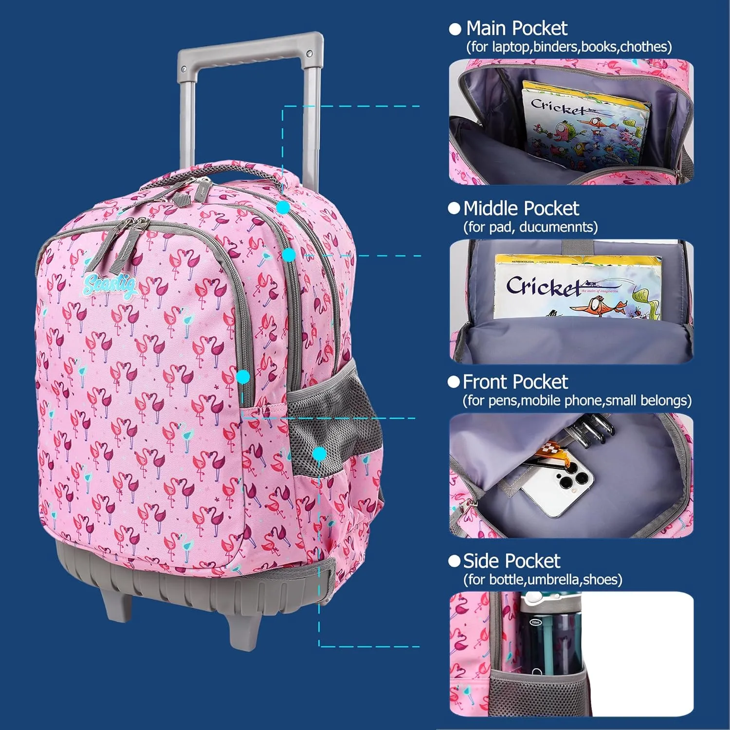 seastig Rolling Backpack 18in Double Handle Backpack Kids Wheeled Backpack Roller Backpack with Lunch Bag Set Girls Boys