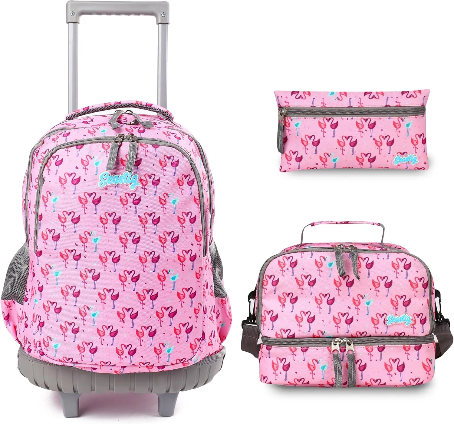 seastig Rolling Backpack 18in Double Handle Backpack Kids Wheeled Backpack Roller Backpack with Lunch Bag Set Girls Boys