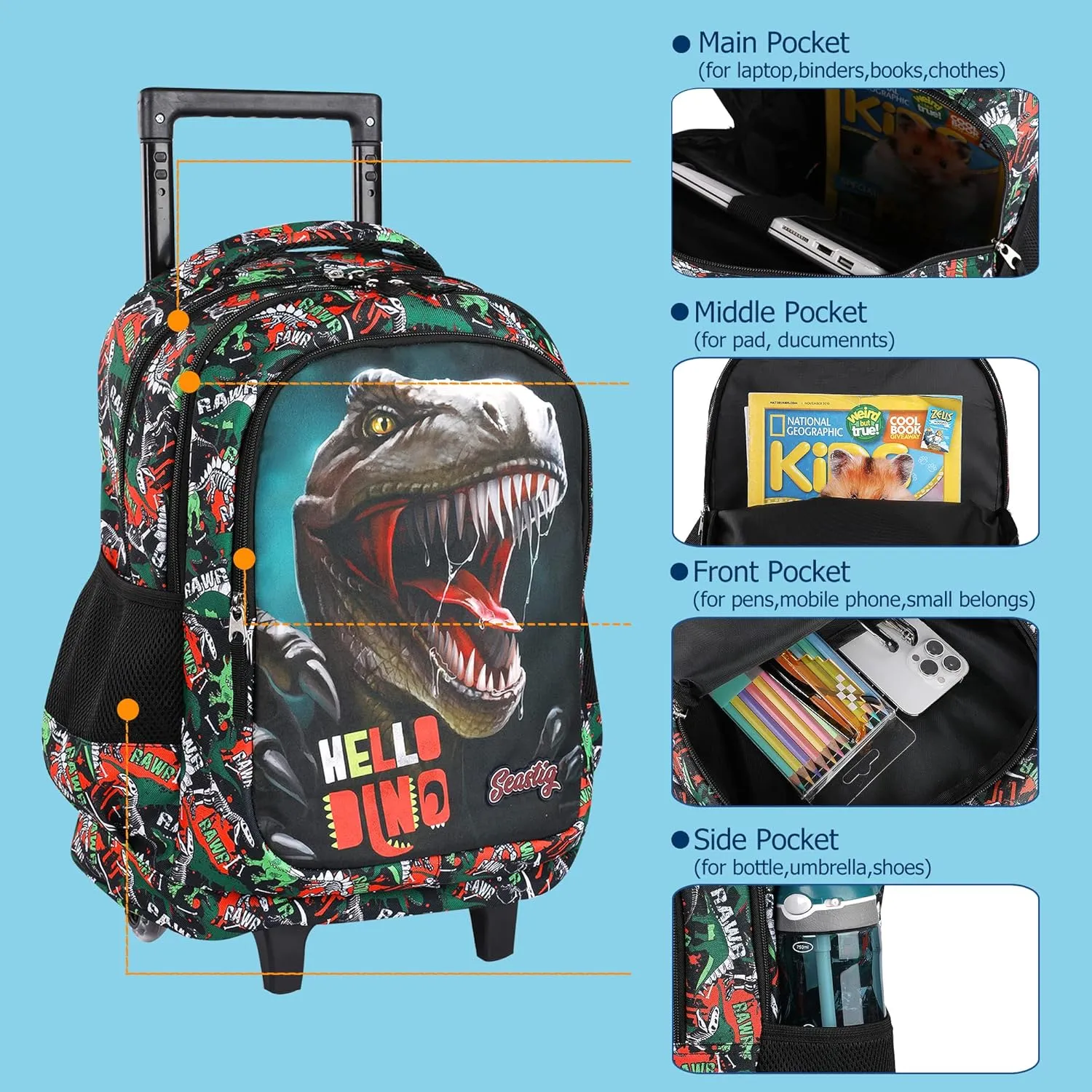 seastig Rolling Backpack for Kids Wheeled Backpack 18in Double Handle Backpack with Wheels
