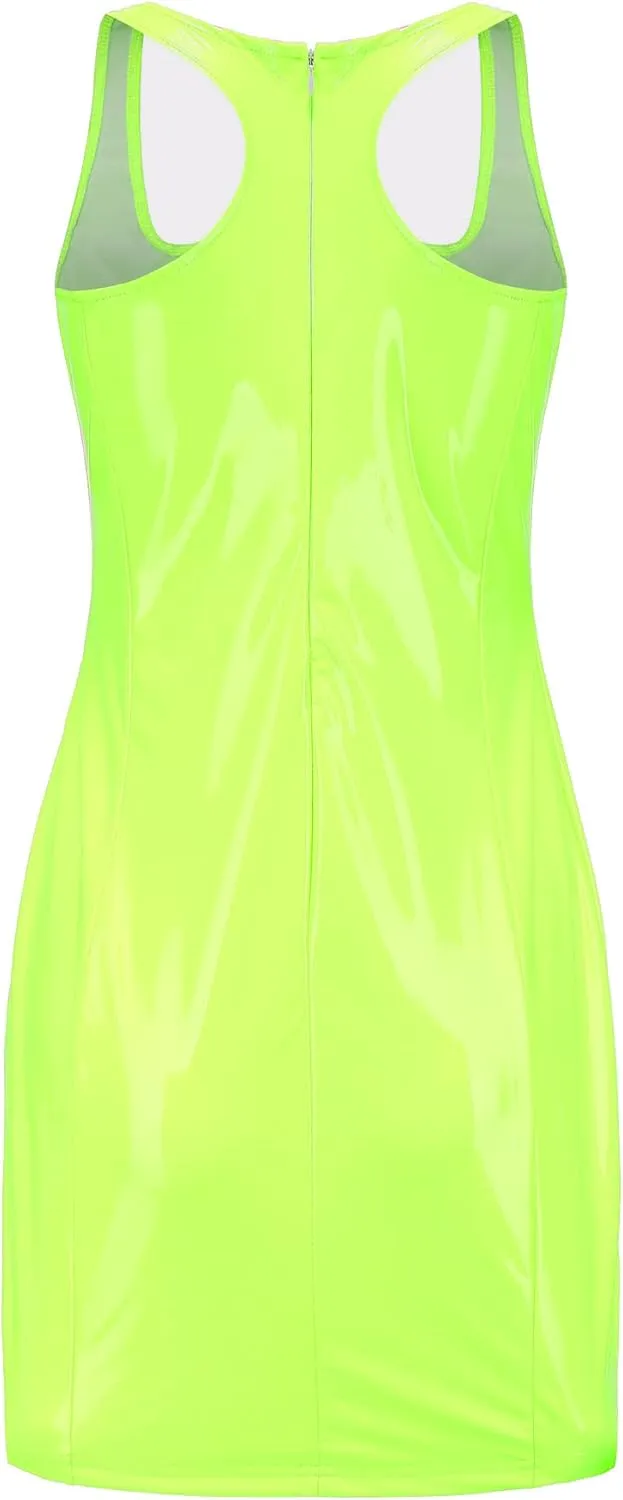 SEMATOMALA Women's Scoop Neck Latex Leather Mini Dress Metallic Shiny PVC Bodycon Slim Fitted Club Dress
