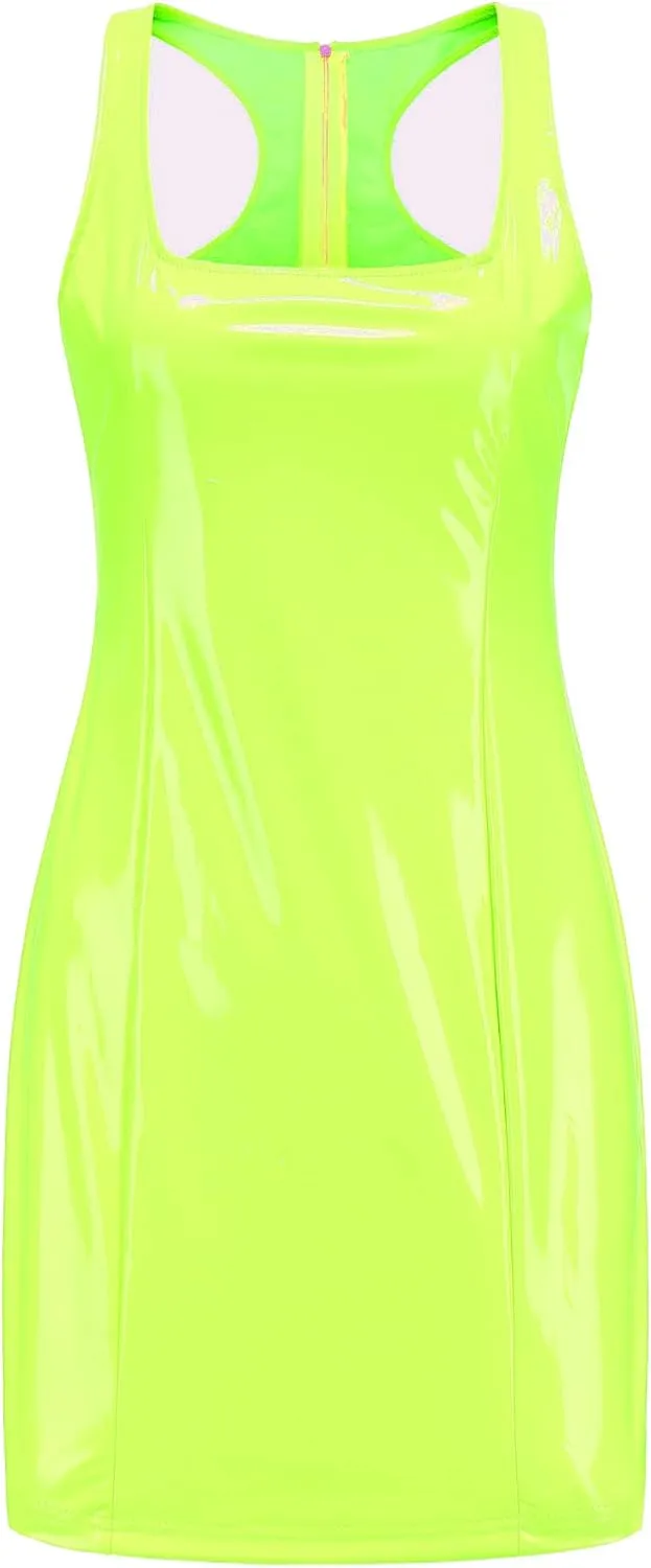 SEMATOMALA Women's Scoop Neck Latex Leather Mini Dress Metallic Shiny PVC Bodycon Slim Fitted Club Dress
