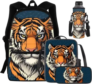 Serious Tiger Children'S Schoolbag Boys Primary School Boys Wear-Resistant 1Th Grade Large Capacity Shoulder Bag with Lunch Box Pencil Case Water Bottle Sleeve 4Pcs Set Bookbag