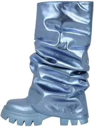 sexytag Women's Metallic Boots Slouchy Foldover Platform Round Toe Western Pull-On Fashion Boots