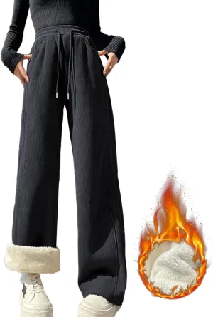 Sherpa Lined Fleece Sweatpants Women Baggy Wide Leg Lounge Pants Loose Stretchy Casual Pants(Black,L)