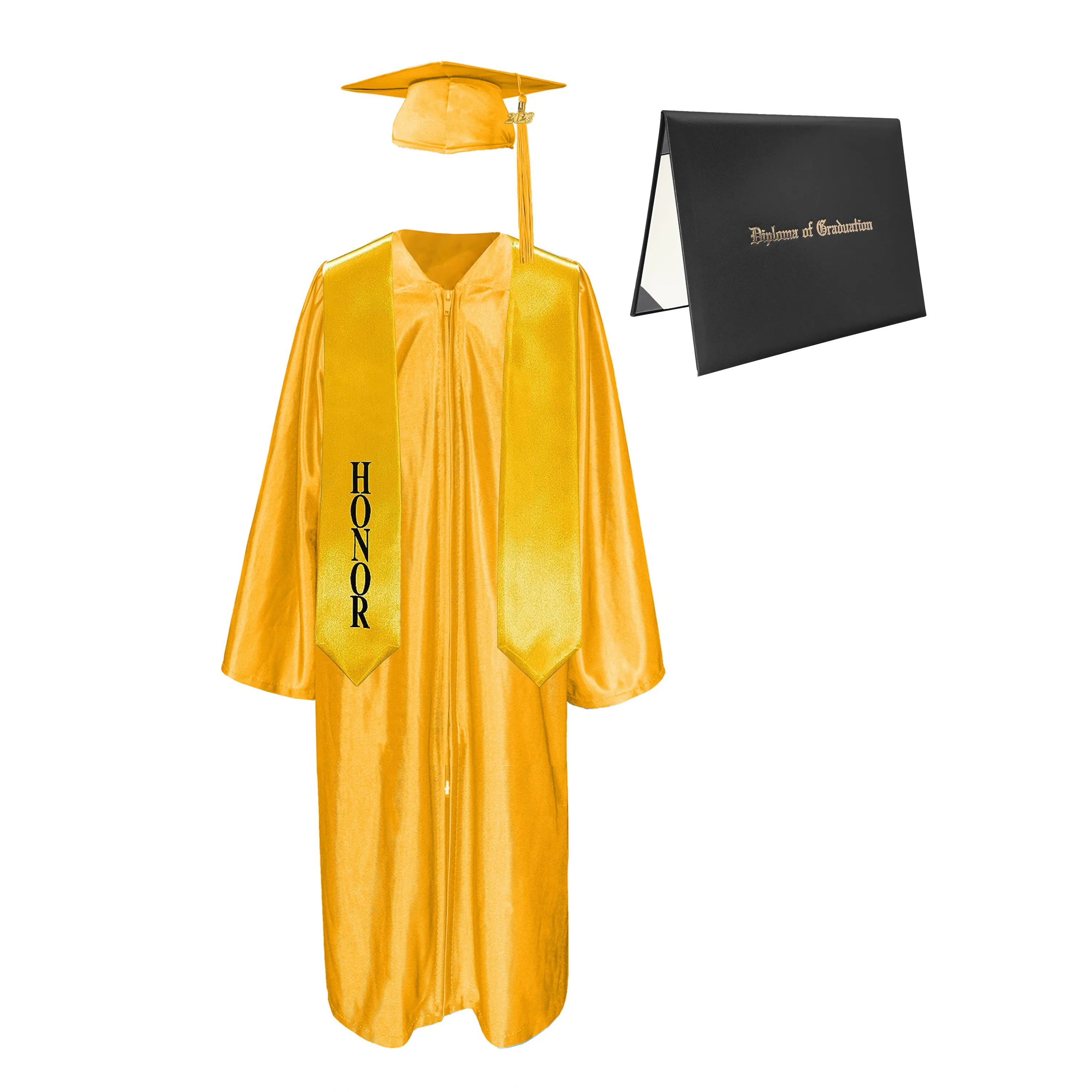 Shiny Cap, Gown, Tassel, Honor Stole 60” & Diploma Cover Package