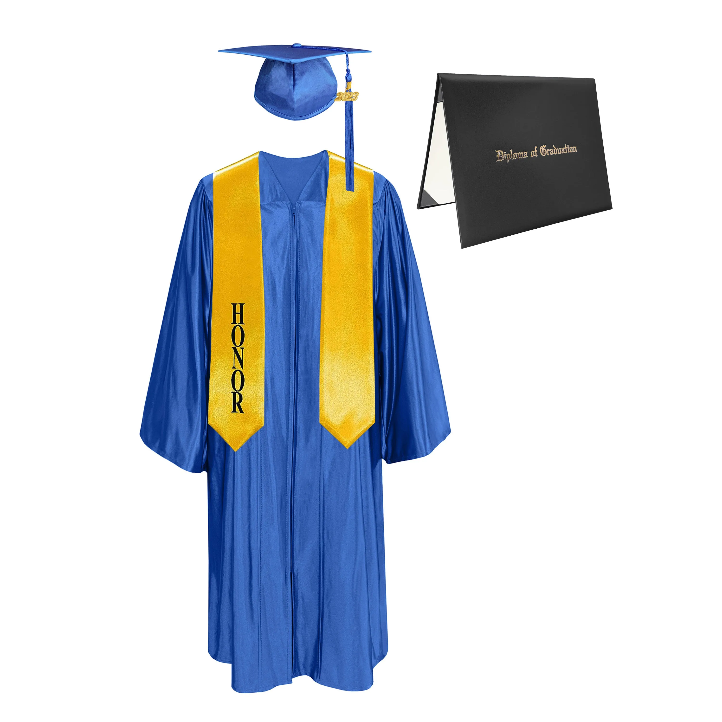 Shiny Cap, Gown, Tassel, Honor Stole 60” & Diploma Cover Package