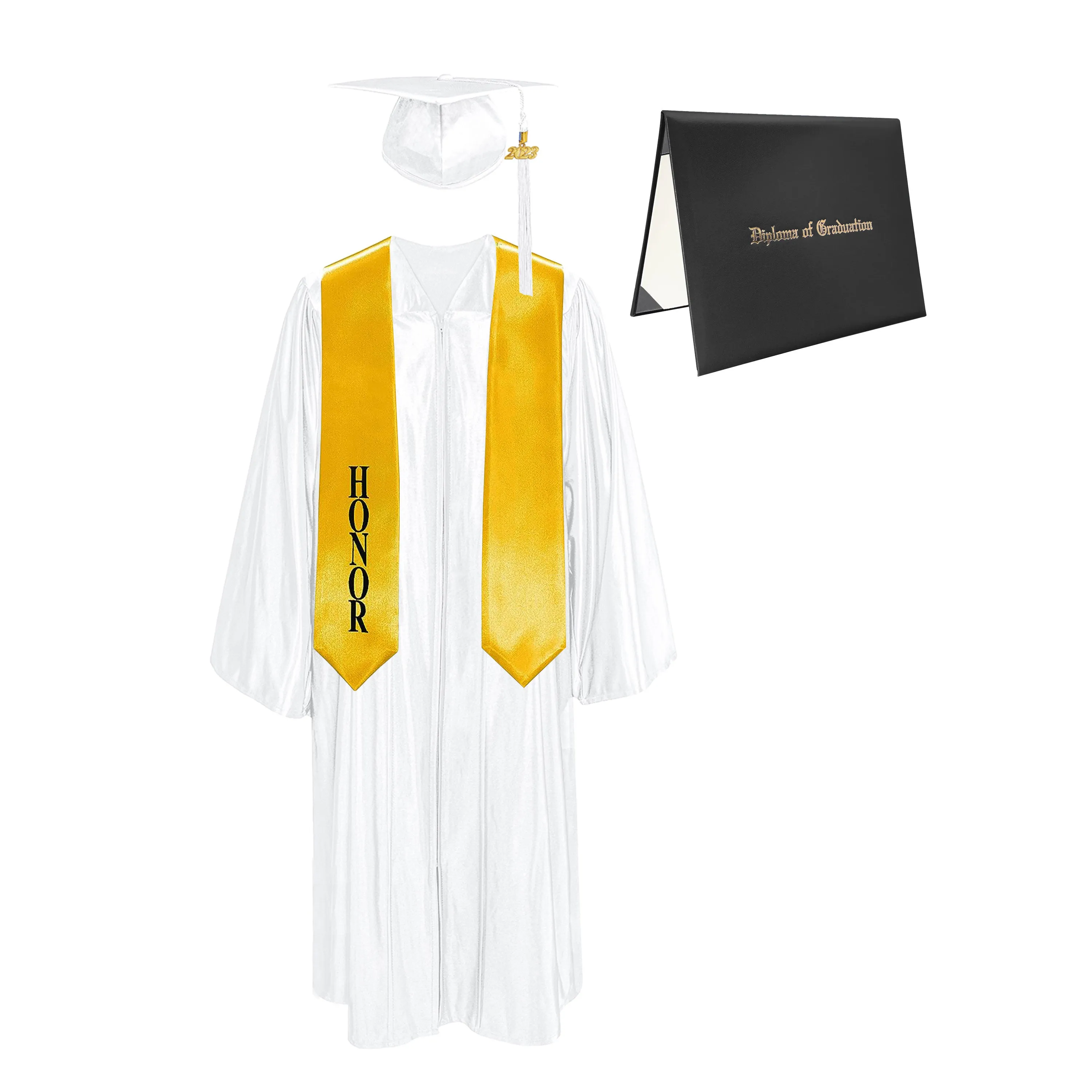 Shiny Cap, Gown, Tassel, Honor Stole 60” & Diploma Cover Package