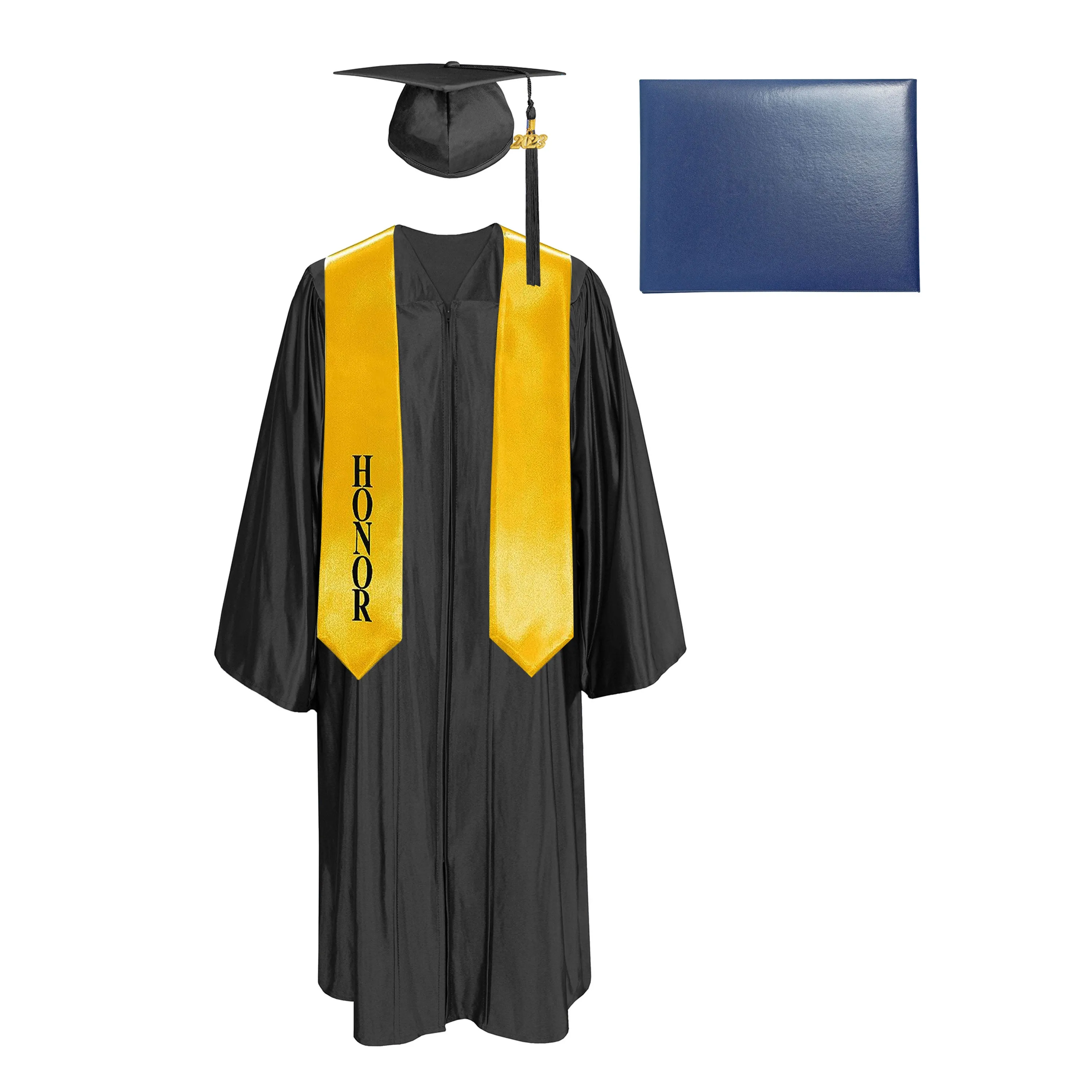 Shiny Cap, Gown, Tassel, Honor Stole 60” & Diploma Cover Package