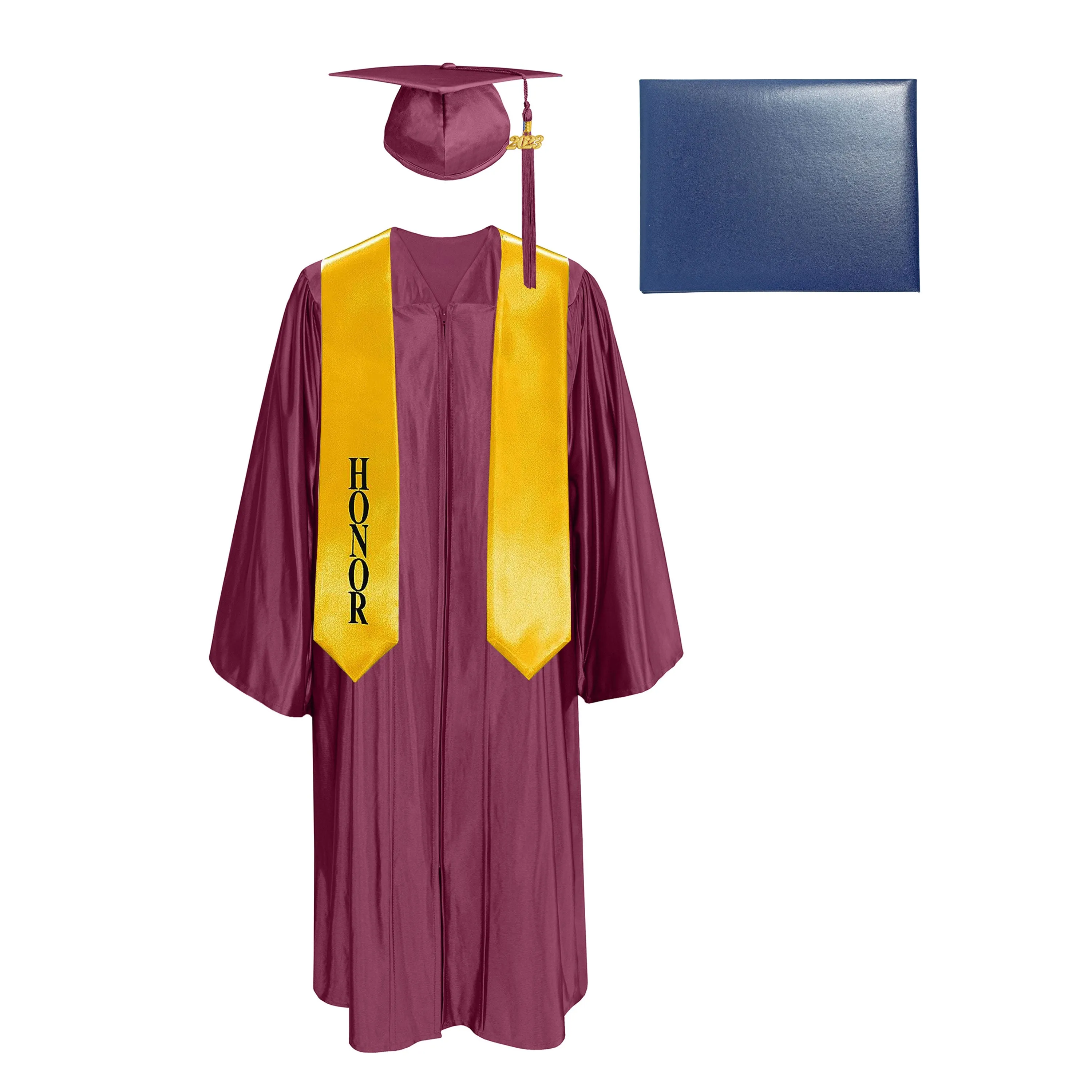 Shiny Cap, Gown, Tassel, Honor Stole 60” & Diploma Cover Package