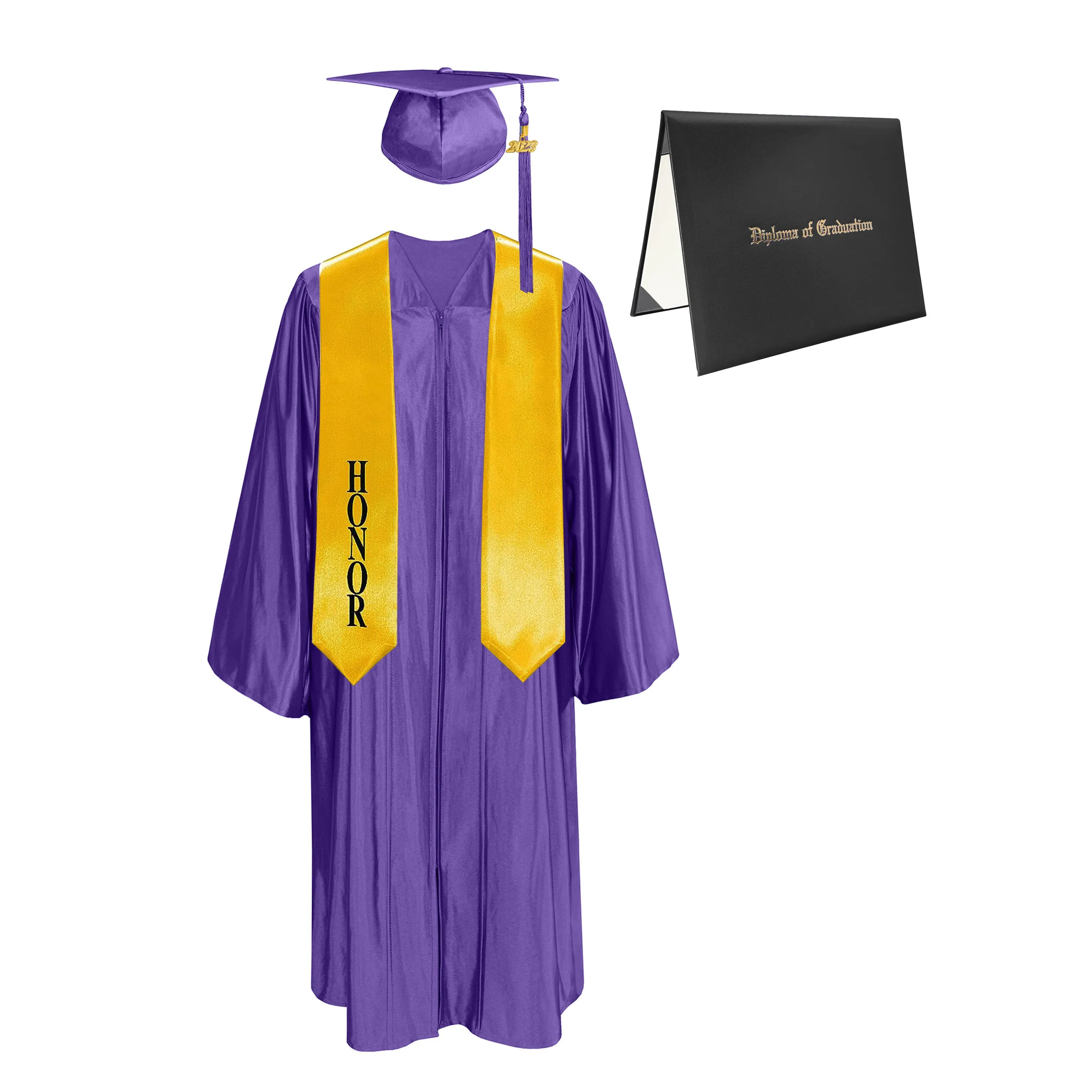 Shiny Cap, Gown, Tassel, Honor Stole 60” & Diploma Cover Package