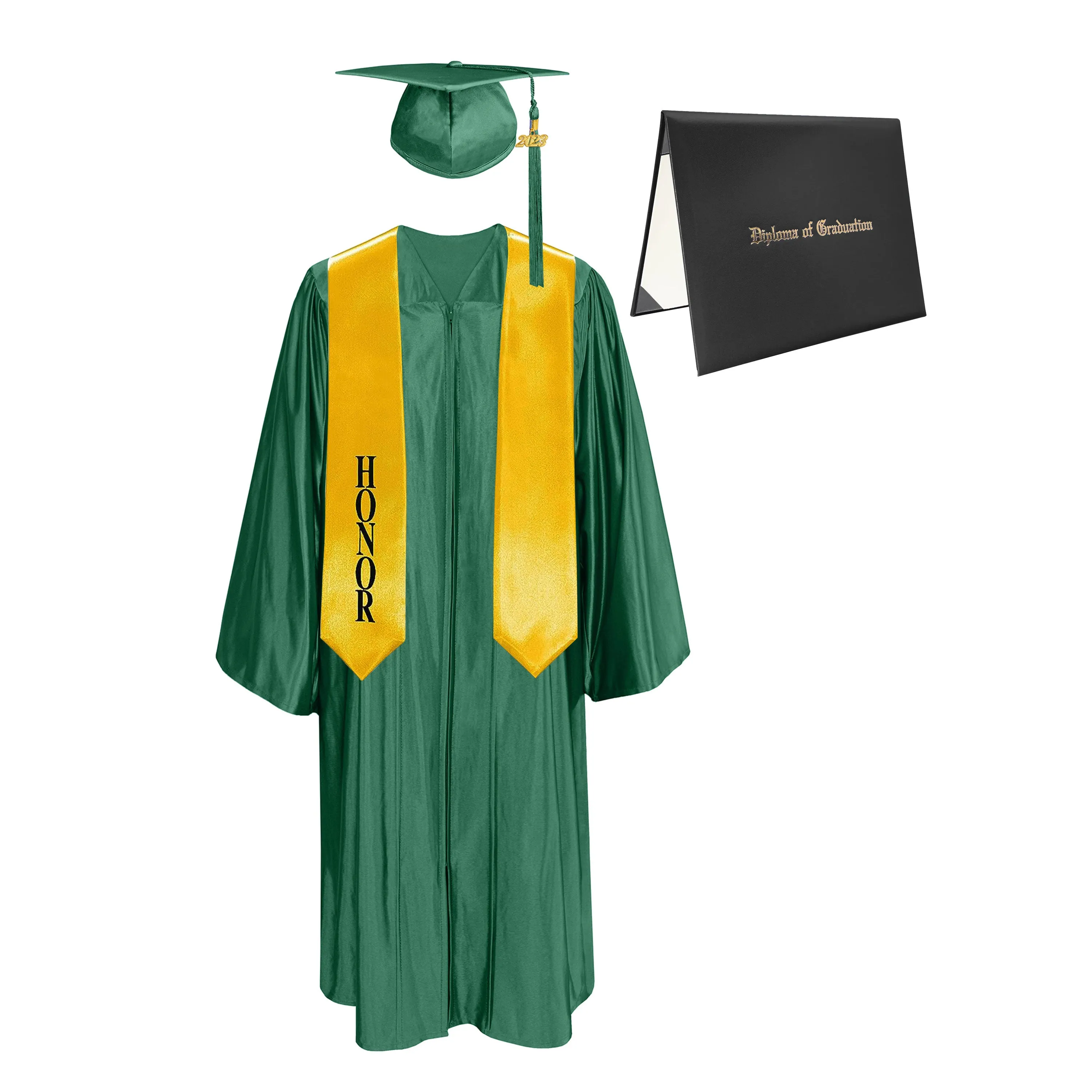 Shiny Cap, Gown, Tassel, Honor Stole 60” & Diploma Cover Package