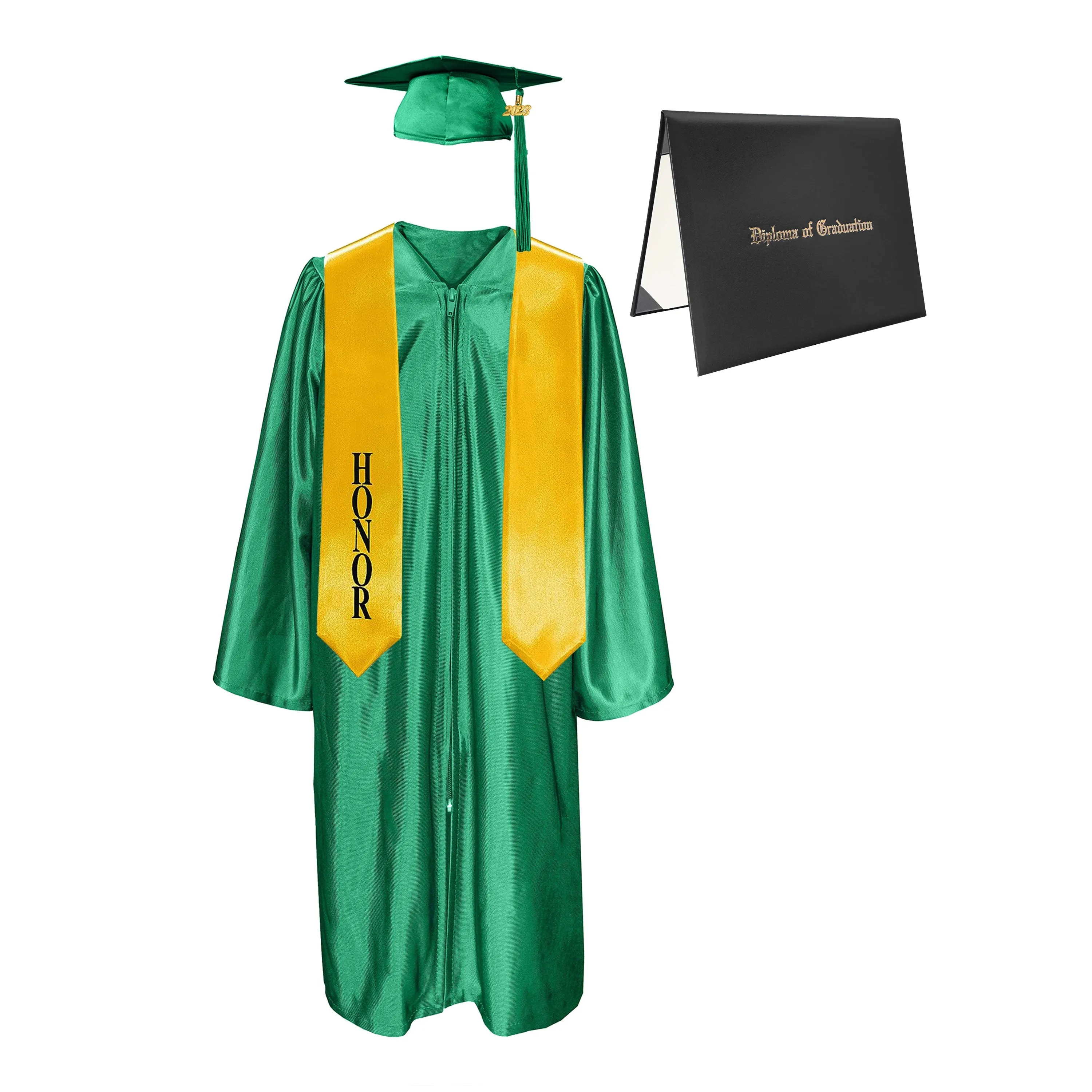 Shiny Cap, Gown, Tassel, Honor Stole 60” & Diploma Cover Package