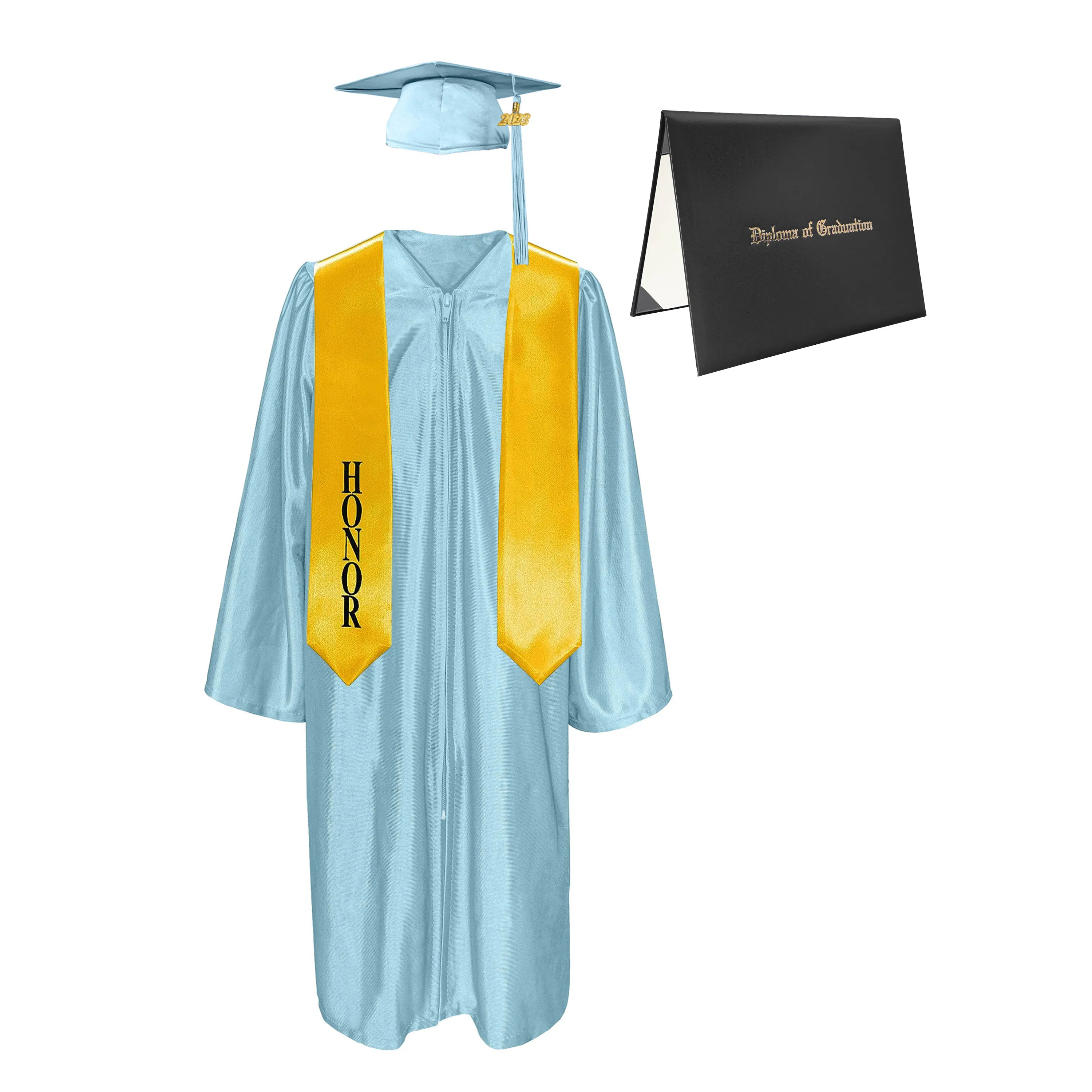 Shiny Cap, Gown, Tassel, Honor Stole 60” & Diploma Cover Package