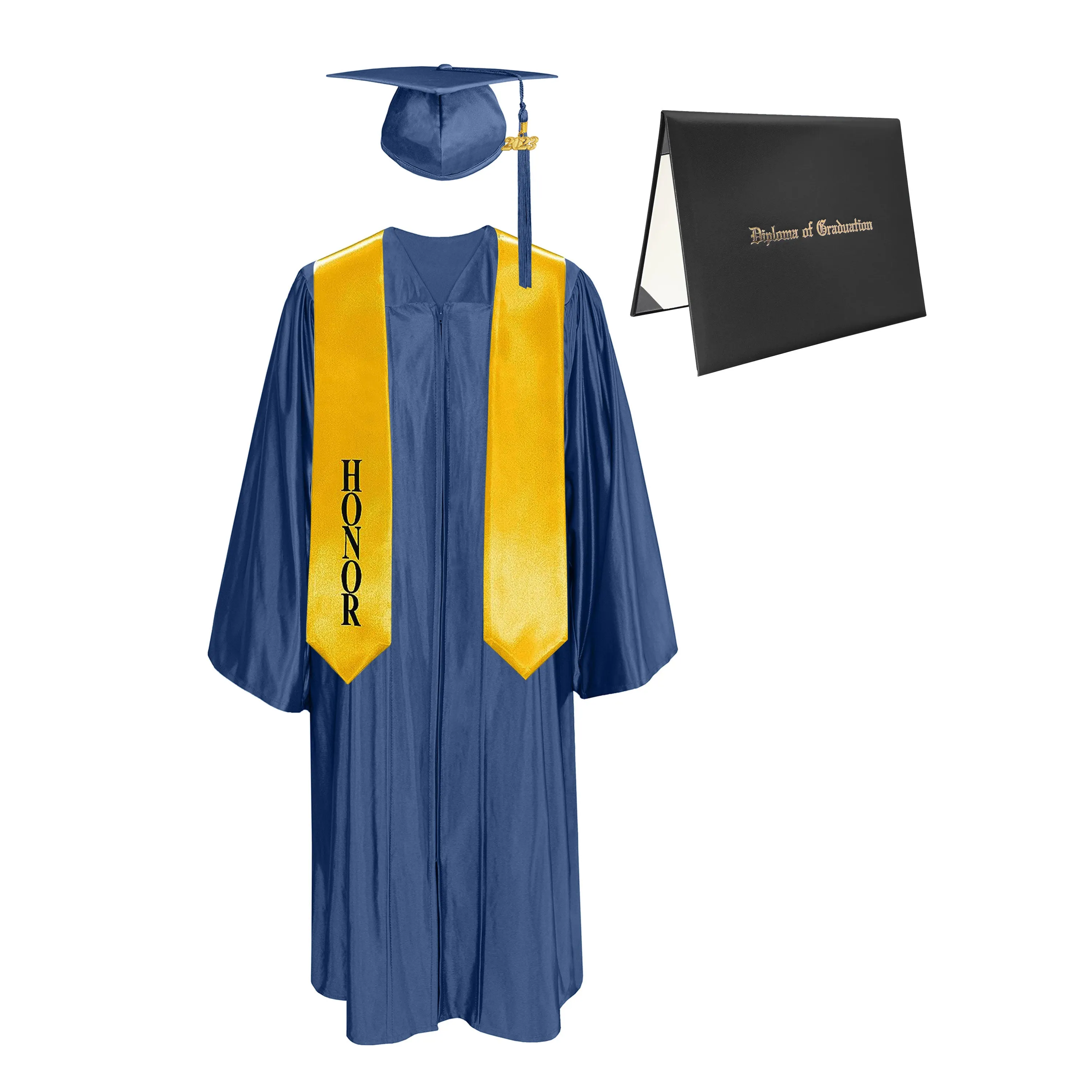 Shiny Cap, Gown, Tassel, Honor Stole 60” & Diploma Cover Package
