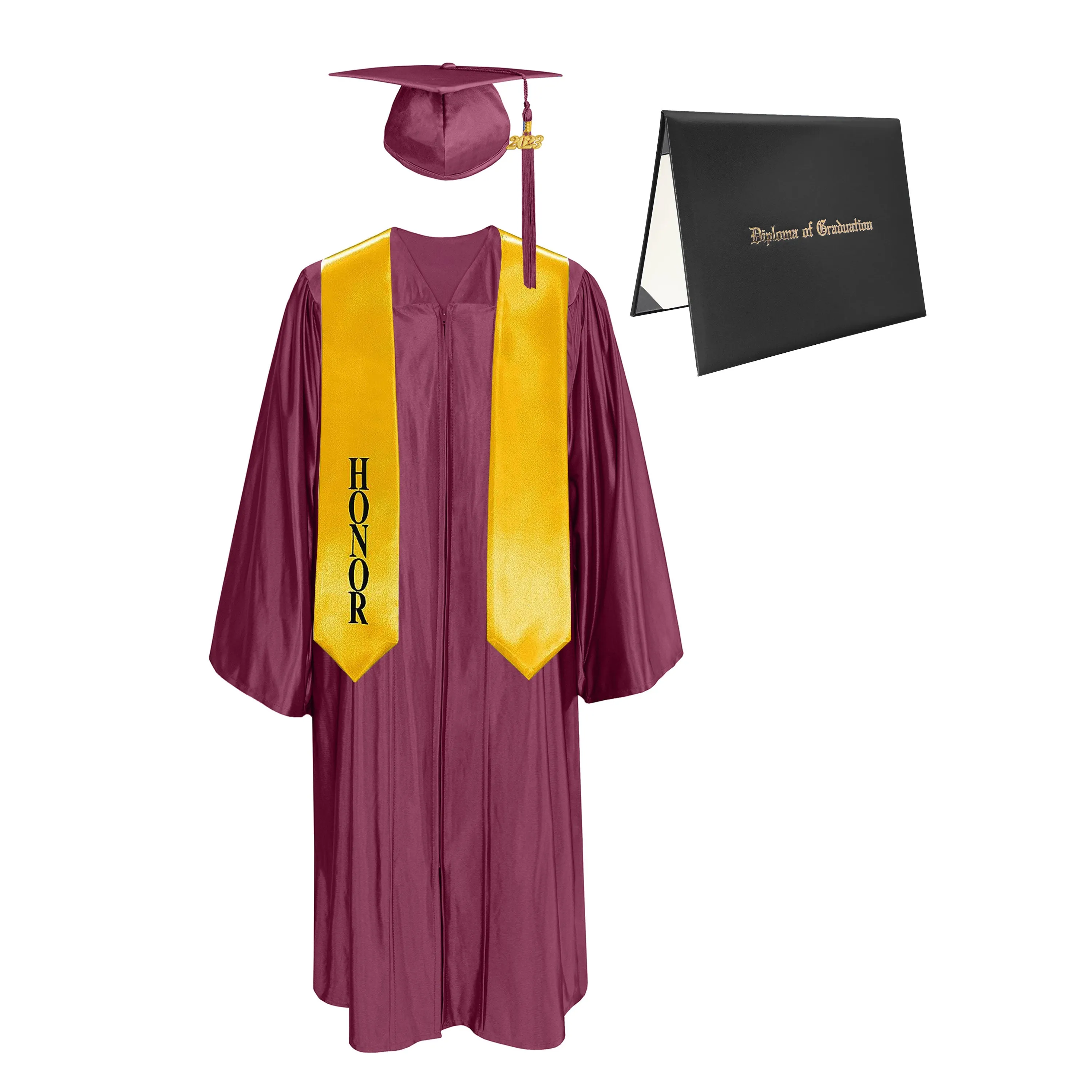 Shiny Cap, Gown, Tassel, Honor Stole 60” & Diploma Cover Package