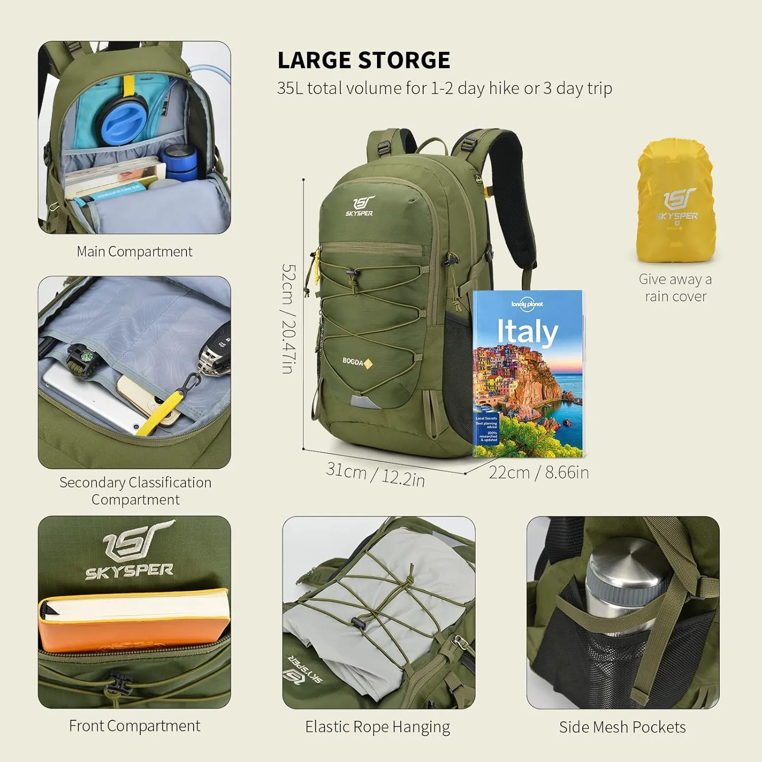 SKYSPER Hiking Backpack for Men Women, 35L Travel Backpack Waterproof Camping Backpack Outdoor Lightweight Daypack