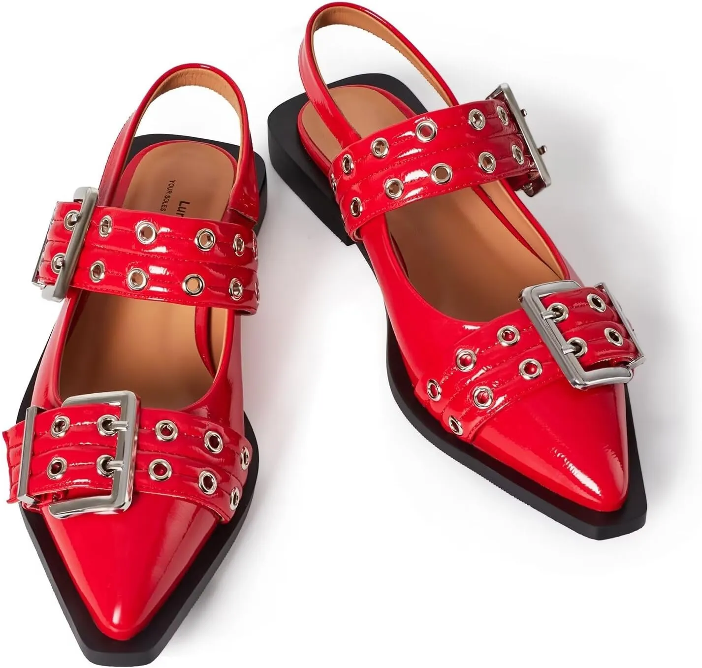 Slingback Flats Ballerinas Flats Buckle Ballet Flats for Women Wide Welt Squared Block Heel Dress Shoes