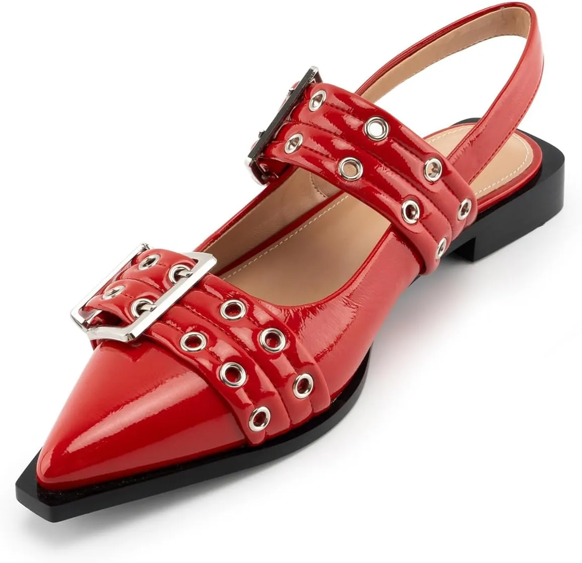 Slingback Flats Ballerinas Flats Buckle Ballet Flats for Women Wide Welt Squared Block Heel Dress Shoes