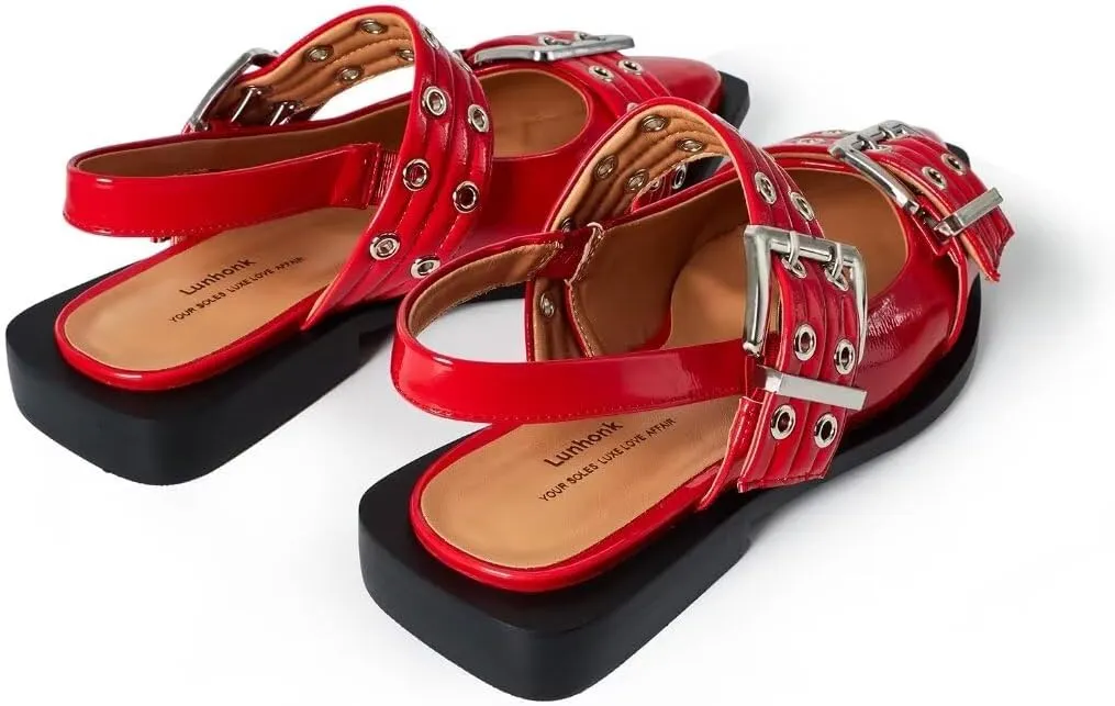 Slingback Flats Ballerinas Flats Buckle Ballet Flats for Women Wide Welt Squared Block Heel Dress Shoes