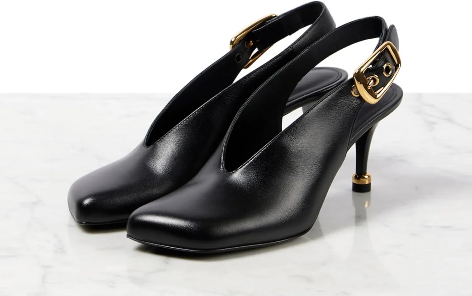 Slingback Kitten High Heels Pumps for Women Black V-Cut Pumps with Gold Buckle Closed Square Toe Low Heels Dress Office Work Shoes