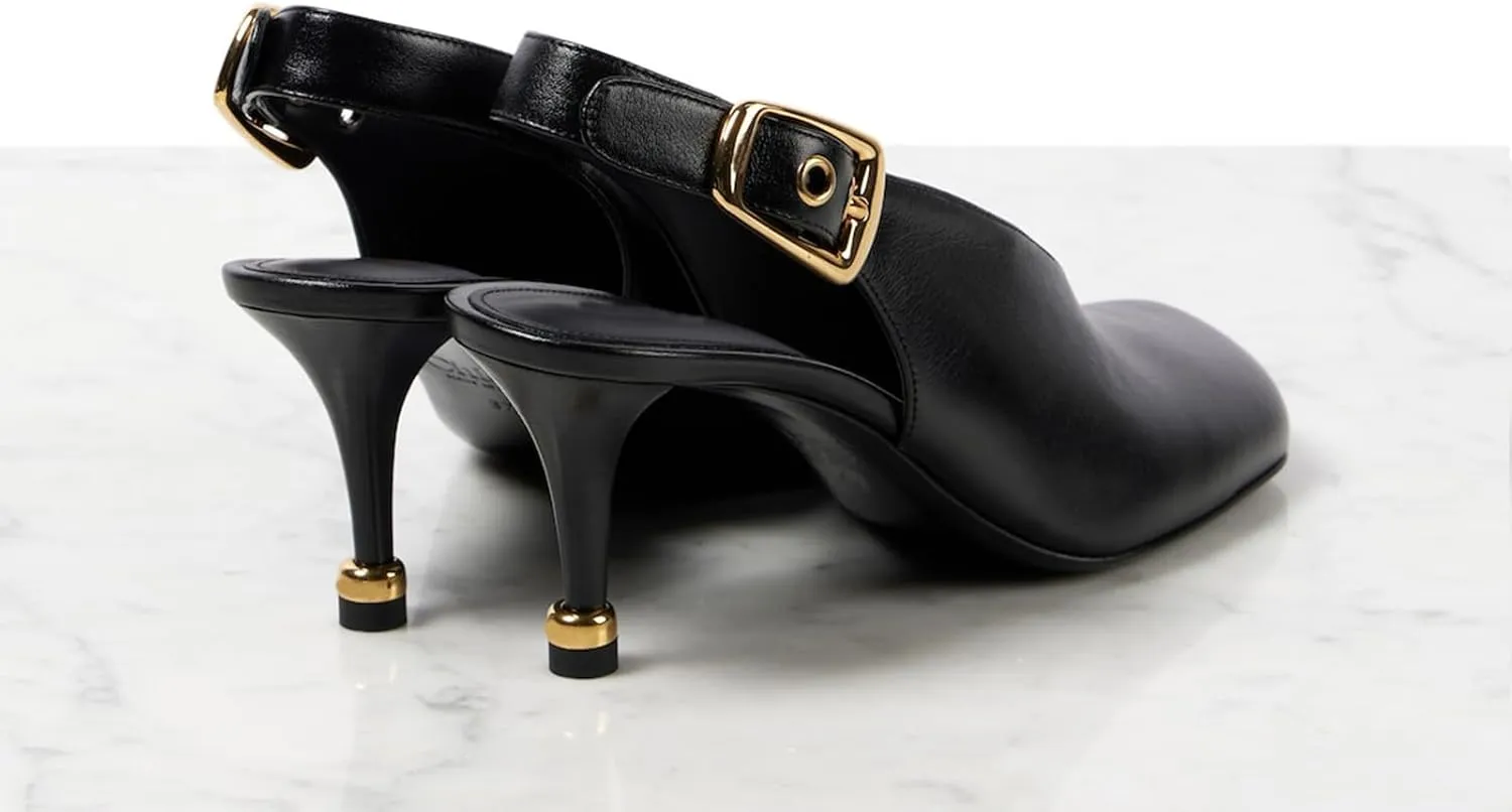 Slingback Kitten High Heels Pumps for Women Black V-Cut Pumps with Gold Buckle Closed Square Toe Low Heels Dress Office Work Shoes