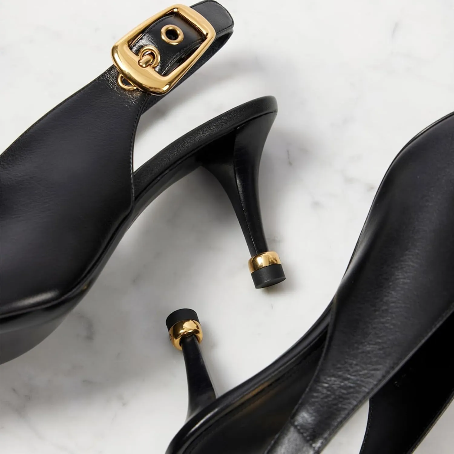 Slingback Kitten High Heels Pumps for Women Black V-Cut Pumps with Gold Buckle Closed Square Toe Low Heels Dress Office Work Shoes
