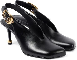 Slingback Kitten High Heels Pumps for Women Black V-Cut Pumps with Gold Buckle Closed Square Toe Low Heels Dress Office Work Shoes